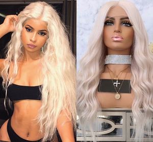 Platinum Blond Syntetisk Lace Front Wig Long Wavy Cosplay Hår Värmebeständig Fiber Glödlös Dagliga Paryker För Kvinnor 24 inches