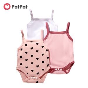 Varış 3-pack Bebek Kız Katı Veya Kalp Baskı Strappy Tulum 0-12 M Pamuk Kolsuz Tulum Giysileri için 210528