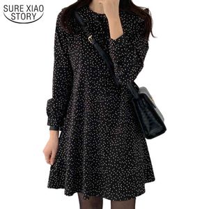 Jupe Femme秋の女性のドレス韓国の黒い水玉模様のvestidos長袖のo-neck甘いドレス10840 210508