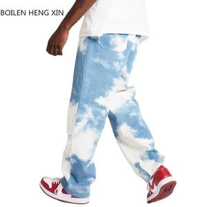 Gorący styl Mężczyźni Luźne Dżinsy Proste Spodnie Snowflake Wash Hip Hop Wysokiej jakości Dżinsy X0621