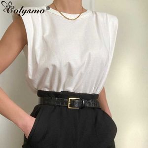 Colysmo Beyaz Bluz Kadın O-Boyun Yaz Kolsuz Gevşek Katı Renk OL Bayanlar Tops Temel Siyah Rahat Bluzlar 210527
