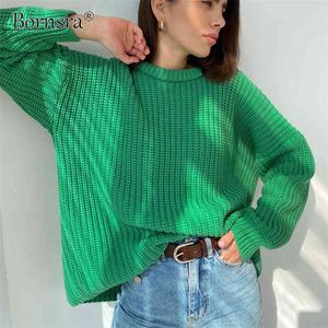 Bornsra outono inverno espessamento espessamento suéter enorme mulheres manga longa casual solta pulôveres feminino cashmere sólido de malha tops 210812