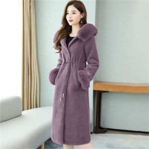 Capispalla invernale da donna da ufficio Cappotto lungo in pelliccia sintetica Donna Maxi soprabito Collo in pelliccia Felpa con cappuccio Coulisse in vita Giacca soffice 210927