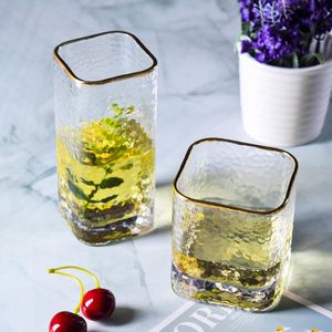 Nordic Style Transparent Gouden Rim Vierkant Hamer Patroon Home Glas Waterbeker Sap ontbijt Koffiemok Wijnglazen