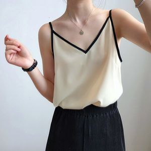 Women Spaghetti Strap Top Summer Tank V-neck Fashion Silk Chiffon Sleeveless Black White for 210514