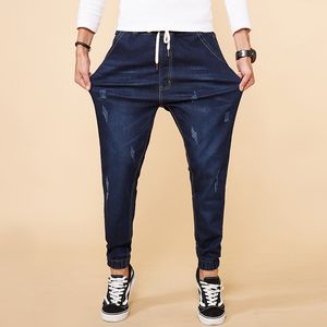 6XL 7XL 8XL Stor storlek Stretch Mäns Jeans Kinesisk stil Elastisk midja Harem Byxor Blå Casual Distressed Denim Byxor