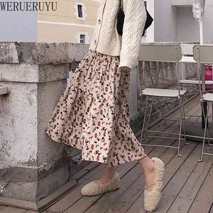 Werueruyu moda saia vintage mulheres floral chiffon chiffon plissado midi saias da mulher primavera outono verão 210608