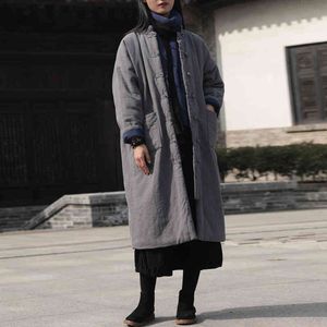 ジョニー教徒の女性の冬のヴィンテージ厚いパーカー綿のリネンスタンドコート中国風の暖かいポケット女性服ロングコート210521