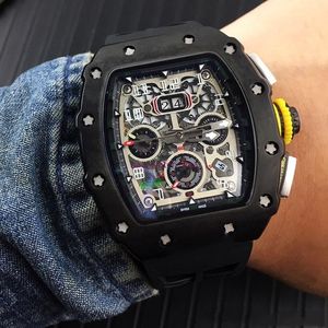 Nowa luksusowa duża pełna czarna obudowa Flyback szkieletowe zegarki gumowe japonia Miyota automatyczny mechaniczny męski zegarek