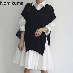 Nomikuma Koreanska Chic Kvinnor Klänning Satser Nedgång Krage Lantern Sleeve Doll Klänningar + Split Stickade Ärmlös Vest Passit 6c748 210427