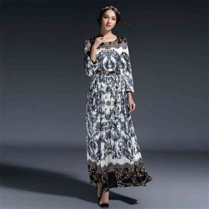 EXCELLENT QUALITY est Designer Long Dress Women's Elegant Lantern Sleeve O-Neck Retro Floral Printed Casual 210521