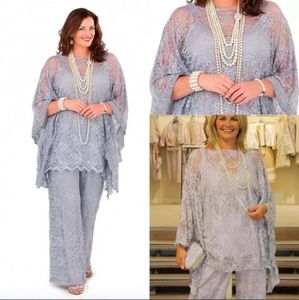 Tam Dantel Anne Gelin Pantolon Suits 2022 Uzun Kollu Üç Adet Gümüş Gri Resmi Kadınlar Artı Boyutu Damat Anne Elbiseler Düğün için