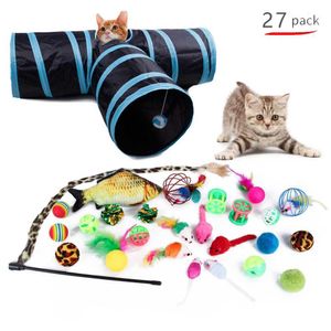 21/27PCS Pets Cat Toys Set Foldable Tunnel Feather Funny Stick Sisal Mouse Bell Ball Kitten Interactive Accessories 210929