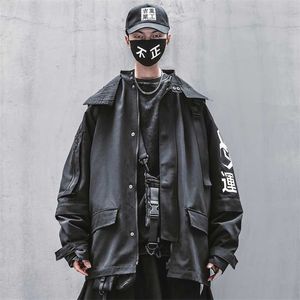 Mężczyźni Techwear Kurtka Czarny Kanji Wiatrówka Japońska Streetwear Moda Z Kapturem Płaszcz 211217