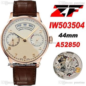 ZF PR VERKLIG årlig kalender IW503504 A52850 Automatisk herrklocka 44mm Rose Gold Silver Dial Number Markers Brown Leather Strap Super Edition Watches Puretime A16