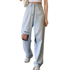 Casual jeans ripped personality loose straight-leg women summer Korean fashion women's clothing 210520