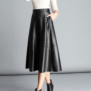 High Quality Leather Skirt Women Soft Mixed Sheepskin Waist Black A Line 2021 Autumn Winter Office Lady Long Female Skirts