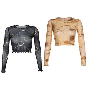 Wholesale tops ruffle t long sleeve blouse resale online - Women s Blouses Shirts Women Long Sleeve Mesh Crop Top Sun Moon Cloud Print Transparent Ruffles T Shirt F3MD