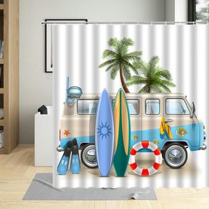 Douche gordijnen zomerdag Seedide Vacation Car Gordijn Cartoons Coconut Tree Lifebuoy Surfboard Roze Home Badkamer Waterdichte stof