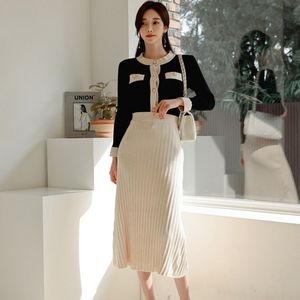 Women Autumn Winter Black Knitted Cardigan 2 Pieces Sets Single Breasted Full Sleeve Top + Beige High Waist Pleated Skirt Suit 210514