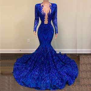 Kear -Blue Sukienki wieczorowe Sukienki syreny Sheer Secion Pełny rękaw Sexy African Provent Suknie 2022252Q