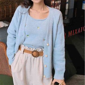 Vinter Urban Casual Korean-Style Kvinnors V-hals Slim-Fit Broderad Blomma Tvåstycken Stickad Soft Sweater Cardigan 210529