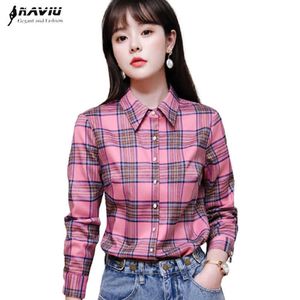 Camisa a cuadros para mujer, temperamento de primavera que combina con todo, blusas informales ajustadas de manga larga con diseño rosa, blusas de trabajo para mujer de oficina 210604