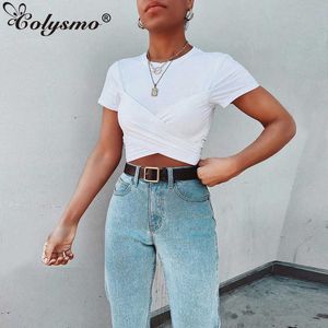 Colysmo Weiß T-shirt Frauen Oansatz Kurzarm Vorne Kreuz Zurück Binden Sommer Tops Casual T-shirt Sexy Streetwear 210527