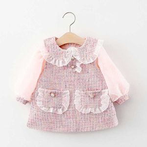 2020 mode 0-4y elegant toddler baby girls dress weave rosa långärmad spets peter pan krage pärlor fickor a-link barn klänning q0716