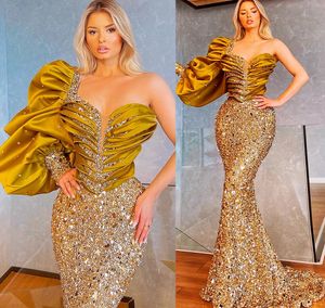 2021 Plus Size Arabski ASO EBI Luksusowy Sparkly Mermaid Prom Dresses Sheer Szyi Cekinowy wieczór Formalna Partia Druga Recepcja Suknia