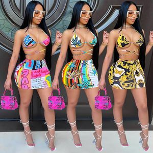 European and American Multicolor Pattern Printed Swimsuit Women's Sleeveless Skirt Sexy Suit