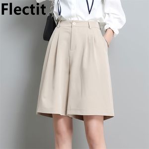 Flectit Bermuda Shorts High Waist Side Pocket Pleated Bermudas Women Student Girl Ladies Casual Outfits 210625