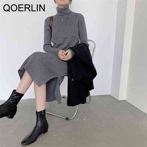 Черный свитер платье женские корейские вязание текстуры высокой шеи женщины осень зима темперамент дному 210601