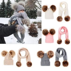 Winter Kinder Natürliche Waschbären Doppel Pompon Hut Und Schal Für Mädchen Baby Mütze Mit Pompom Kinder Zubehör Motorhaube