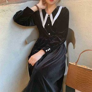 Women French Retro V-Neck Dresses Solid Loose Long Gentle Velvet Puff Sleeves Elegant Chic Female Fashion 210525