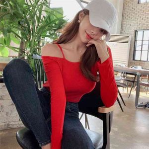 off-the-shoulder South Korea T-shirt female Spring Solid sexy Slim Fit skinny Tee Women Casual Long Sleeve Tshirt Tops 210417