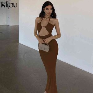 Kliou Solid Vintage Maxi Dress Bodycon Halter Bandage Cleavage Hollow Out Clothing Hipster Sexy Midnight Party Streetwear Hot Y1204