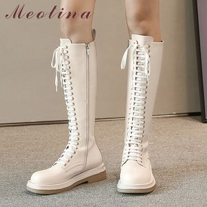 Mulheres joelho alta botas sapatos genuíno plataforma de couro plataforma motocicleta zipper cruz amarrado senhoras longas marrom 210517