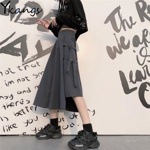 Gothic Black Grey Loose Midi Long Skirt Korean Women Harajuku Cargo Pocket Ring Belt Ribbon Punk High Waist Streetwear School 210421