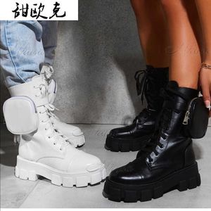 Kobiety Pocket Boot Lace Up Ladies Botki Botki Kobiet Klamra Pasek Czarny Chunky Sole Etui Botki Woman Platforma Buty Moda Y0905