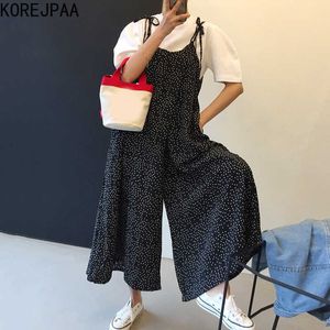 Korejpaa Women Sets Summer Korean Chic Retro Round Neck Loose Puff Sleeve T-shirt Small Polka Dot Wide Leg Sling Jumpsuit 210526