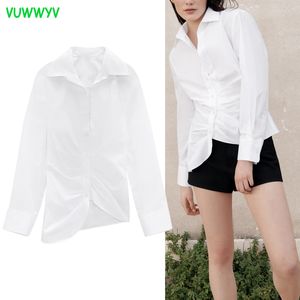 Branco Chic Streetwear Camisas de Poplin Drapejado para Mulheres Verão Plissado Bruxa Up Woman Manga Longa Hem Assimétrica Tops 210430