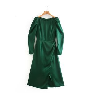 Verão Mulheres Elegante Temperamento Verde Split Forquilha Vestido Feminino Buff Manga Voltar Zipper Canônicos 210520