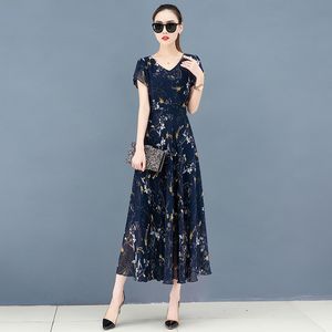 Damen-Druckkleid mit V-Ausschnitt, kurzärmelig, mittellang, A-Linie, Chiffon, elegant, blau, locker, Übergröße, Alltagskleidung, Party-Cocktailkleider