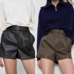 Za Fashion Women's Shorts Vintage PU Leather High Waist Undefined Drapped Trousers Female Office Wear 210714