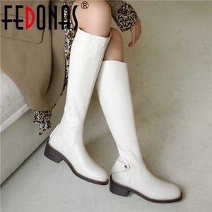 Genuine Leather Booties Woman High Boots Fall Winter Shoes Heels Zipper Knee For Women Wide Leg 210528