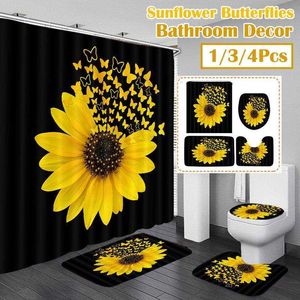 Sunflower Pattern Shower Curtain set Toilet Cover Rug Carpets Non-slip Kitchen Bath Mat Wooden Board Bathroom Set Decoration 210609