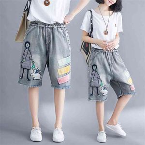 5176 Kobiety Summer Streetwear Elastyczne kreskówki Hafton Hafton Cute Korean Style Lady Kobieta Oversizezed Loose Denim Shorts 210625