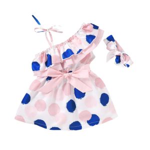 Citgeett Summer Kids Baby Girls Two Piece Set Dot Print One Shoulder Dress Bow Ruffled Collar Lace Hair Band Clothes Q0716