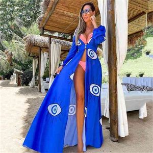 Niebieskie oczy Bikini Beach Cover Up Tuniki na Długie Kaftan Robe De Plage Sarong Swimsuit Cover S